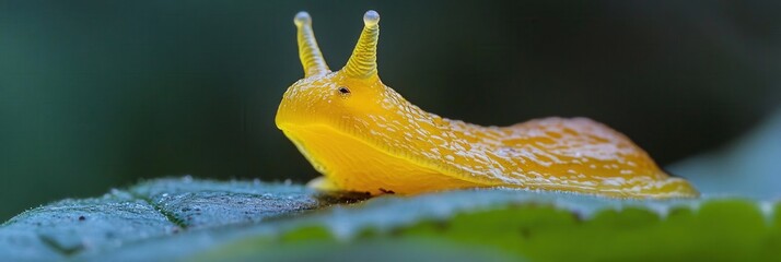 Fototapeta premium Vibrant Yellow Slug on Green Leaf Macro Photography Nature Wildlife