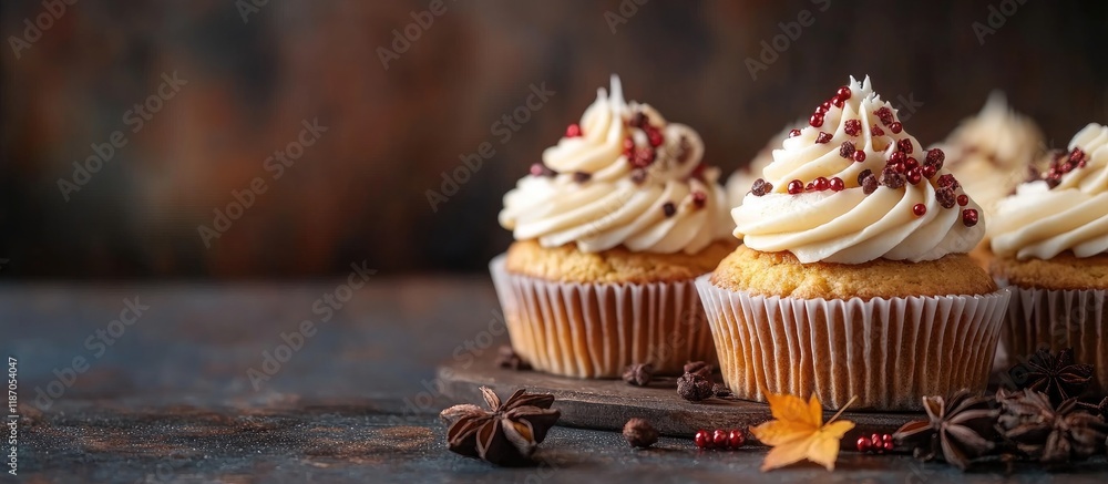 Aufkleber thanksgiving muffins with creamy frosting and fall decor on rustic table empty space for text inspir