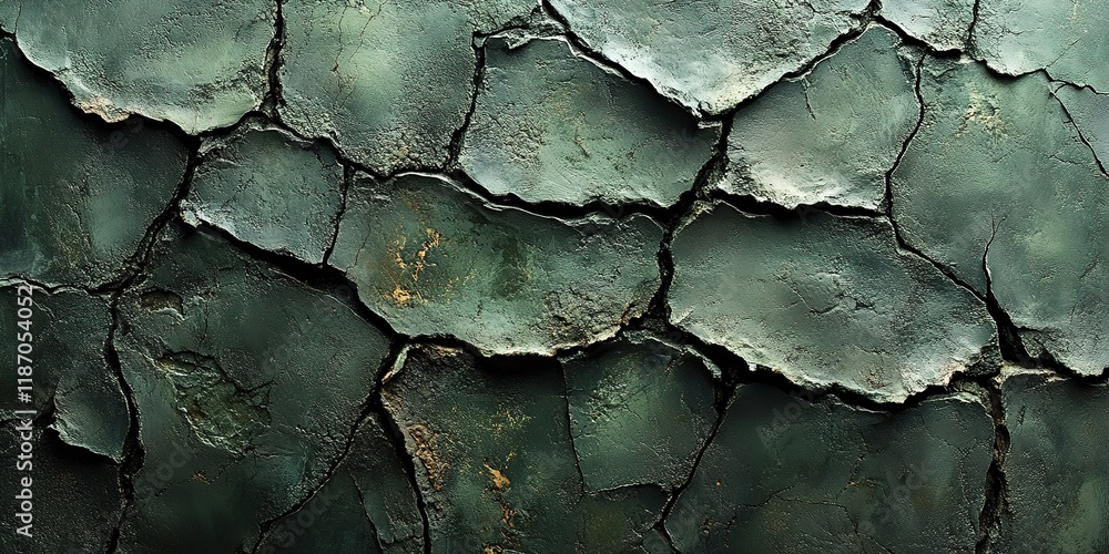 Poster cracked green surface with textured patterns and deep crevices highlighting surface wear and aging
