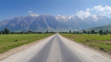 Naklejka premium Asphalt road through green fields leading to majestic snow-capped mountains under a clear blue sky on a sunny summer day