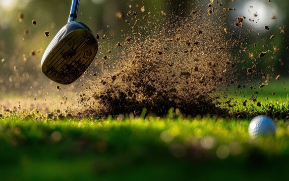 Close-up, low-angle shot of a golf club hitting the ground, sending soil and turf flying near a golf ball on a green field.