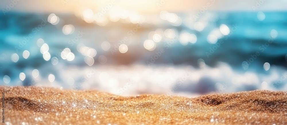 Poster abstract summer beachscape with blurred sand and ocean waves creating a bokeh effect ideal for backg