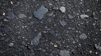 Black asphalt texture background with detailed close-up of rough surface and rocky fragments suitable for urban design or construction themes