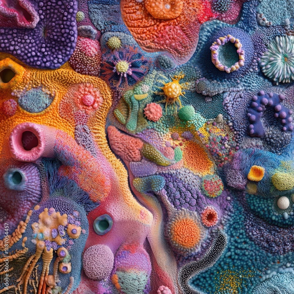 Poster exploring the vibrant and diverse world of bacteria textures under a microscope in a colorful displa