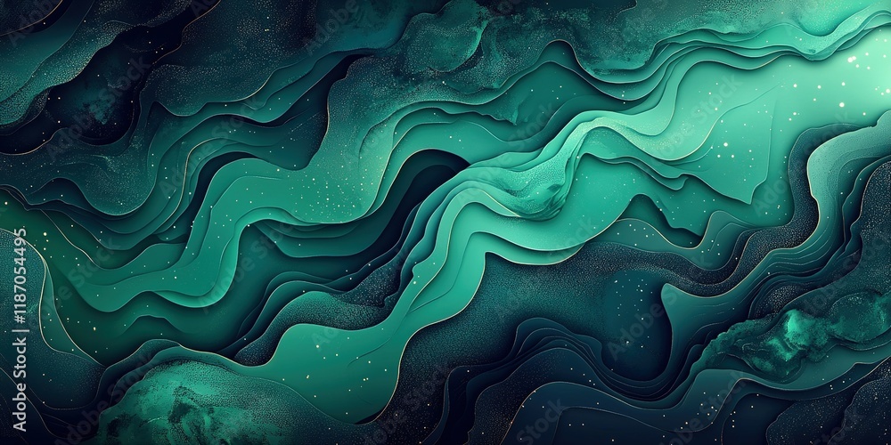 Poster abstract design featuring swirling teal and black shapes with smooth flowing lines in a mesmerizing 