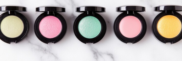 Collection of vibrant makeup products featuring lip gloss, eyeshadow, and blush arranged on a stylish marble surface