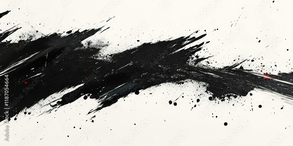 Poster abstract black brush strokes creating dynamic movement on a white background with splatters for arti