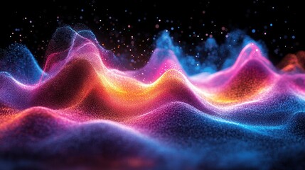 Fototapeta premium Colorful particle wave landscape with sparkling background.