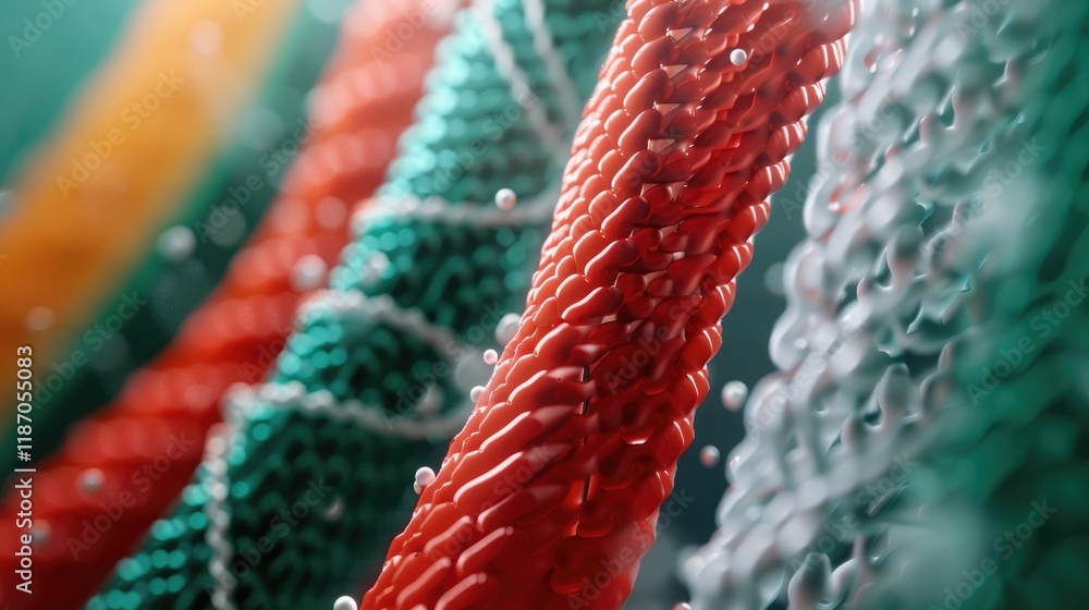 Poster abstract close-up of colorful molecular structures in a science-themed composition with vibrant text