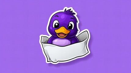 Fototapeta premium Adorable purple bird peeking out from a white pocket. Playful, cute, and cheerful illustration.