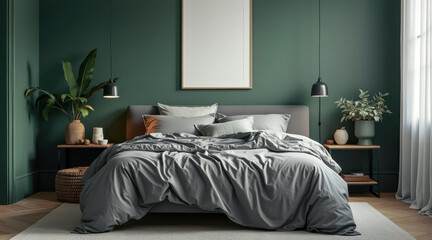 gray bedding green walls create a minimalist bedroom setting.