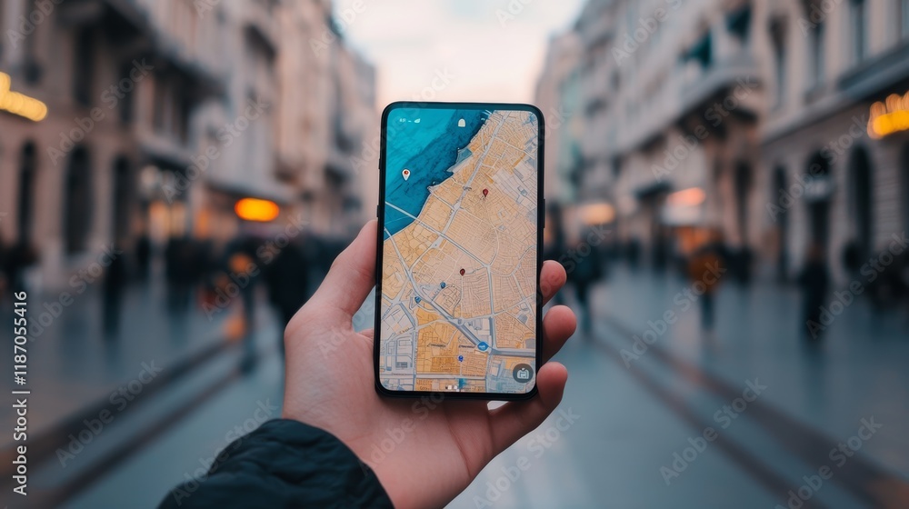 Poster tourist is holding smartphone displaying online map with marked locations in bustling city center, u