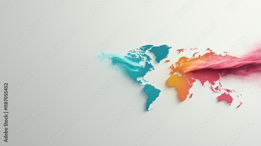 Poster colorful data streams flowing between continents on a stylized world map, illustrating the speed and