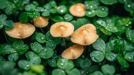 Delicate Mushrooms Growing Among Lush Green Clover