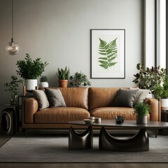 Cozy living room, brown leather sofa, botanical wall art, potted plants, window light, minimalist decor, white brick wall, wooden floor, earth tones, natural elements, interior design, houseplants, Sc
