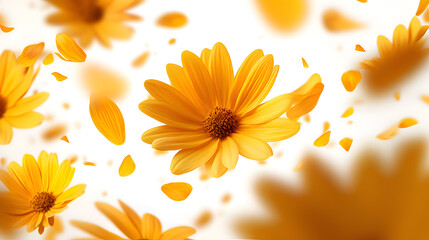 Yellow daisies and yellow flower petals flying or flo