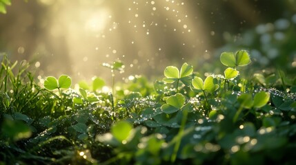 Sunlit Dewdrops on Clover Leaves in a Lush Meadow
