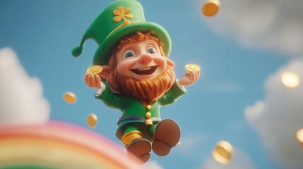 Fototapeta premium Happy Leprechaun Flying With Gold Coins