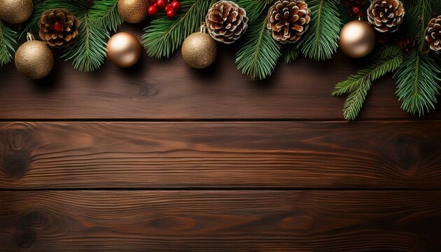 wooden table adorned with holiday ornaments fir boughs and pinecones for a christmas and new year greeting card