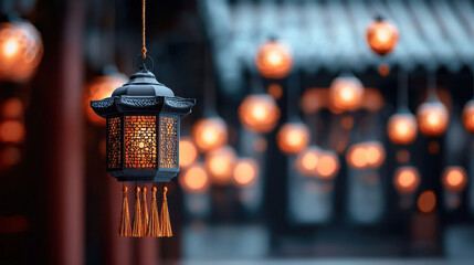 decorative lantern hanging in serene setting, illuminated by warm light, creates cozy atmosphere. intricate design and soft glow enhance ambiance of surroundings
