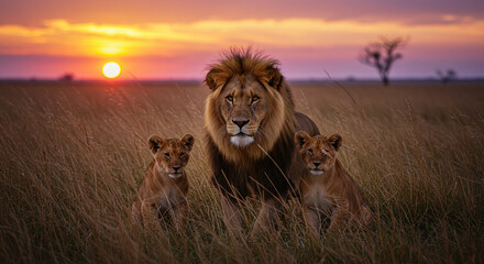 a lion with her children accompanied by a beautiful sunset behind them