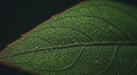 A macro photo of a green leaf with water droplets on it 
