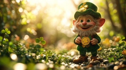 Happy Leprechaun Holding Gold Shamrock In Forest