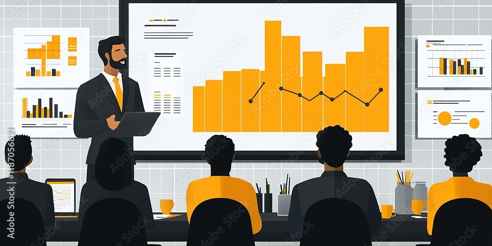 Poster business presentation showcasing data analysis with graphs and charts in a modern office setting