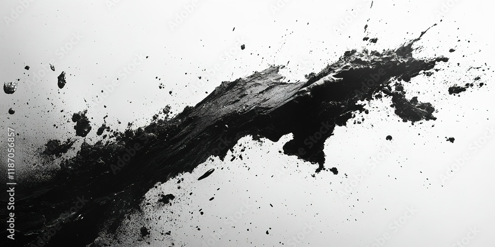 Poster black paint splatter creates a dynamic abstract design on a white canvas background during an art pr
