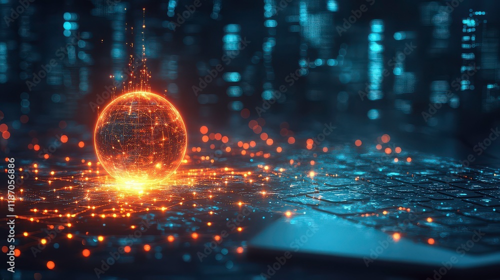 Poster vivid abstract sphere of light and energy with particles on futuristic digital background representi