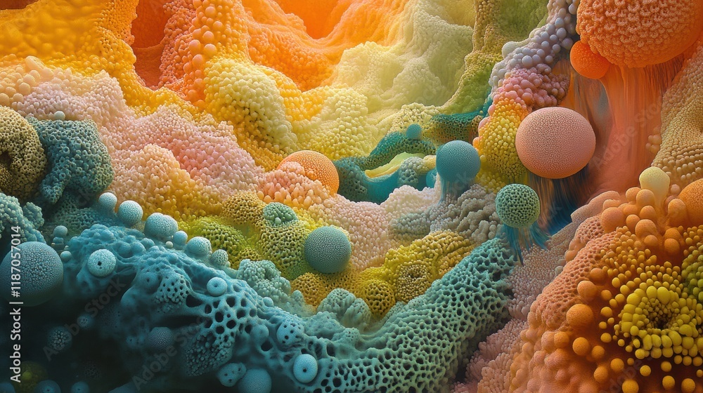 Fototapete vibrant display of diverse bacteria forms and textures in a colorful abstract landscape. generative 