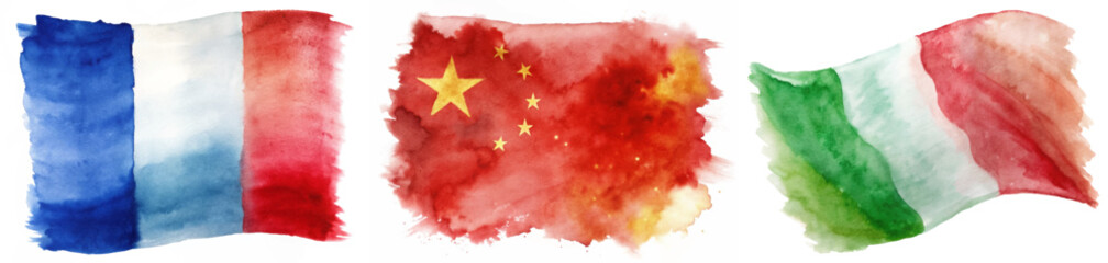 Watercolor flags, France Italy China, vibrant colors, artistic style, cultural representation, global unity, decorative elements.