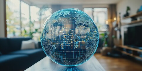 Display of a digital globe showcasing global connectivity in a modern living room setting