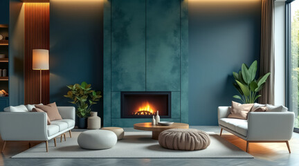 modern living room with teal walls fireplace