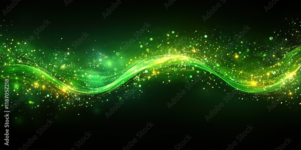 Poster beautiful green wave with sparkling particles creating a vibrant and dynamic visual effect in a dark