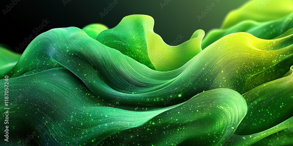 Poster colorful flowing fabric waves create a mesmerizing visual display in green and yellow hues