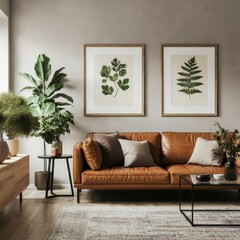 Cozy living room, brown leather sofa, botanical wall art, potted plants, window light, minimalist decor, white brick wall, wooden floor, earth tones, natural elements, interior design, houseplants, Sc