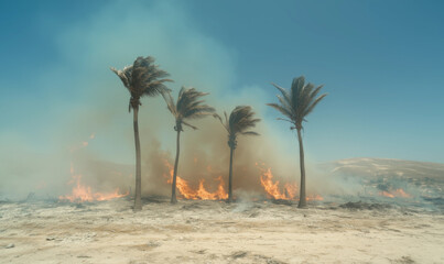 close up a row of palm trees engulfed in flames under a bright midday sun, vivid fire standing out against a crystal-clear blue sky. cinematic yet natural atmosphere, retro style