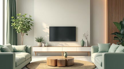 serene minimalist living room with pale green sofa wooden accents
