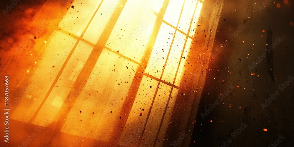 Poster bright light streams through a dusty window, creating a dramatic atmosphere in an abandoned space
