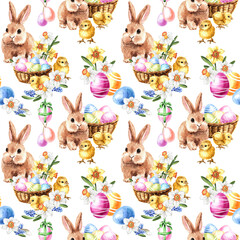 Easter seamless pattern. Watercolor hand drawn illustration isolated on the white background