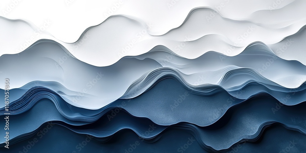 Poster abstract waves created with layered paper in blue, white, and gray tones showcasing texture and dept