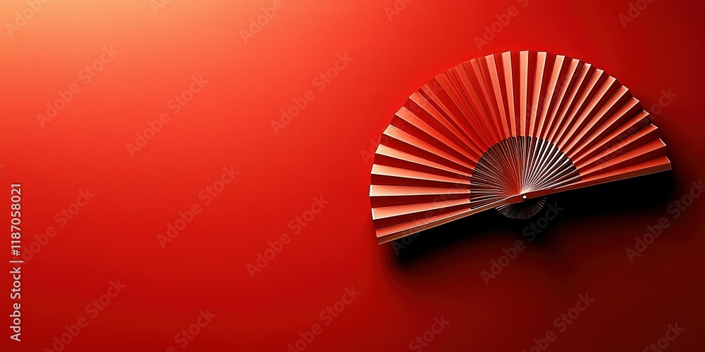 Poster bright red folding fan rests elegantly against a smooth red background, creating a striking visual c
