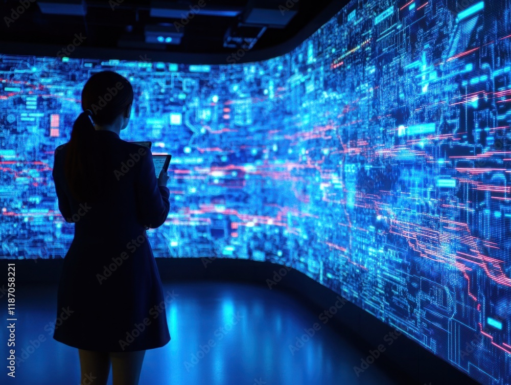 Poster professional woman standing in front of a digital wall with glowing data patterns, using a tablet de