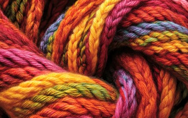 Close-up of a multicolored scarf tied in a knot, showing the texture of the knitting