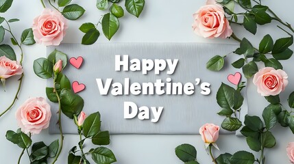 A light gray fabric banner with the text "Happy Valentine's Day" in bold white letters surrounded by delicate pink roses and green leaves, inside a minimalist house
