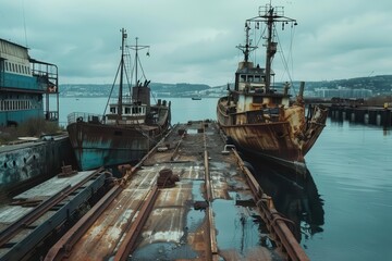 Fototapeta premium Two rusted ships docked beside a weathered pier, reflecting on calm waters under a cloudy sky.