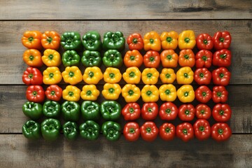 A vibrant arrangement of colorful bell peppers, red, yellow, green, and orange, neatly organized on a rustic wooden surface.