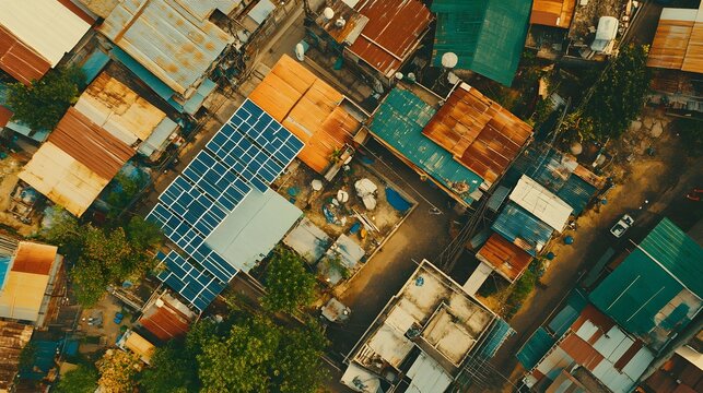 Aerial View of a Densely Populated Area with Solar Panels - Powered by Adobe