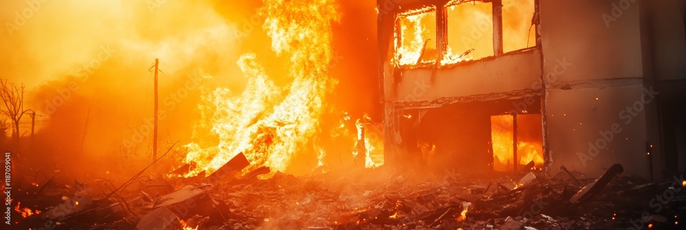 Poster Huge flames and dense smoke engulfing a residential building during a devastating fire, highlighting the destructive power of uncontrolled flames and the resulting devastation